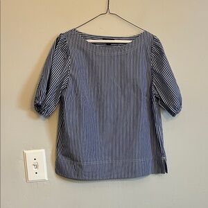 J Cotton cotton blue & white striped pull over short puff sleeve blouse medium.